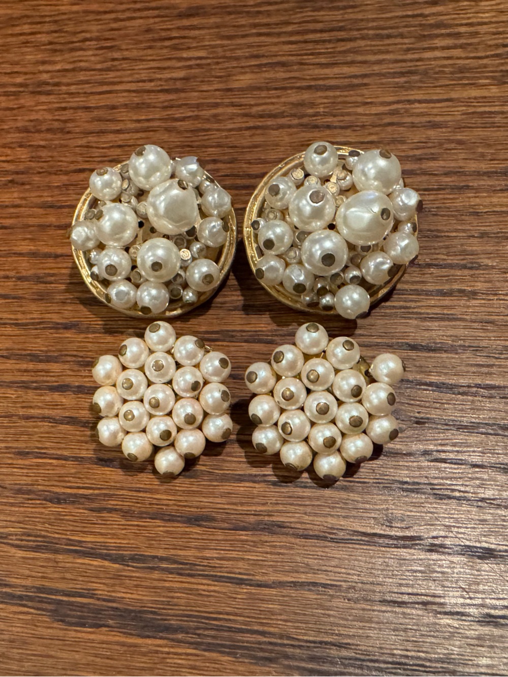 Vintage Mid Century Faux Pearl Cluster Clip On Earrings Lot Bundle of 2